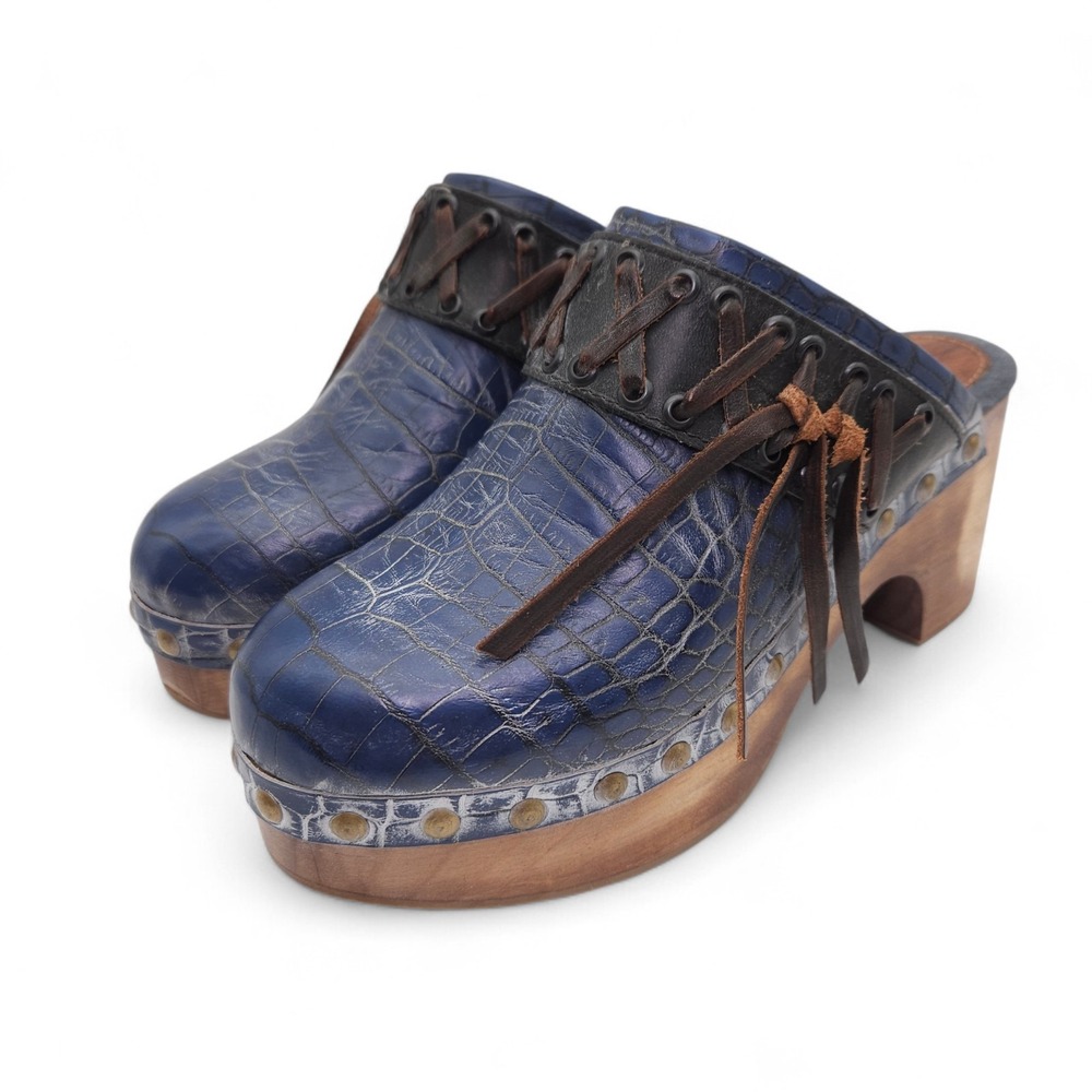 Freebird (Women's 7) Woodstock Platform Clogs Wood Heel Leather Lace Shoes Wedge